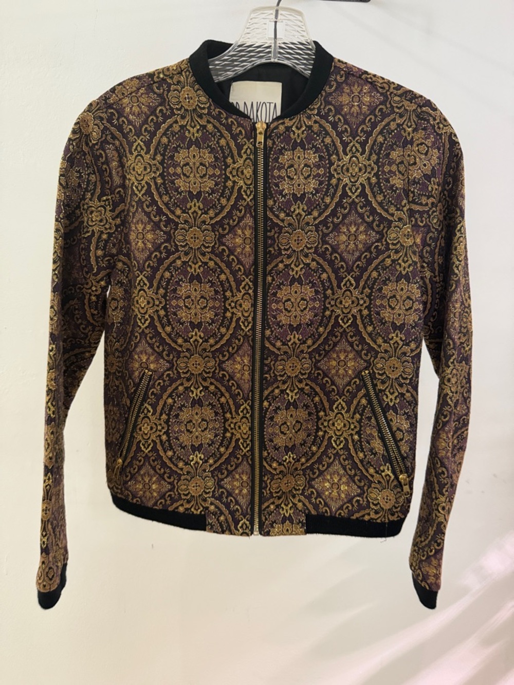 BB Dakota Gold and Purple Brocade Bomber Jacket